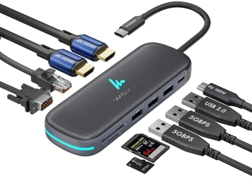 Type C 10 in 1 Wozoyo Docking Station with 2XUSB 5Gbps, Dual 4K HDMI, VGA, Gigabit Ethernet, USB 2.0, SD & TF, PD 100W, Compatible with Thunderbolt 4, macOS, Windows, Android & iOS by Wozoyo