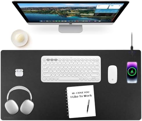 Wireless Charging Mouse Pad Firelison 2 in 1 Leather Multifunctional Office Desk Pad with Non-Slip Rubber Base, Waterproof Desk pad for Computers/Office/Work/Home/Decor（ 36" x 17"Black - R） by Firelison