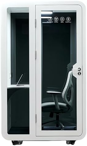 GEARONIC Mobile Office Pod, Privacy Pods, Sound Proof Phone Booth, Mobile Roller with Desk, LED Light, Fans and AC USB Ports - White/Smoked Glass by GEARONIC
