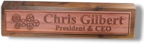 Desk Wedge Name Plate - PERSONALIZED - Gears - 11 Inches (Genuine Walnut) - Image 4