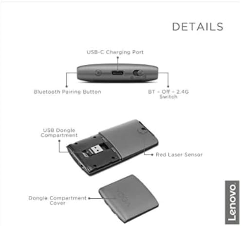 Lenovo Yoga Computer Mouse for PC, Laptop, Computer with Windows or Chrome - 2.4GHz Wireless Nano Receiver & Bluetooth 5.0 - Ergonomic V-Shape - Twists Flat - Built-in Laser Presenter - Iron Grey - Image 3