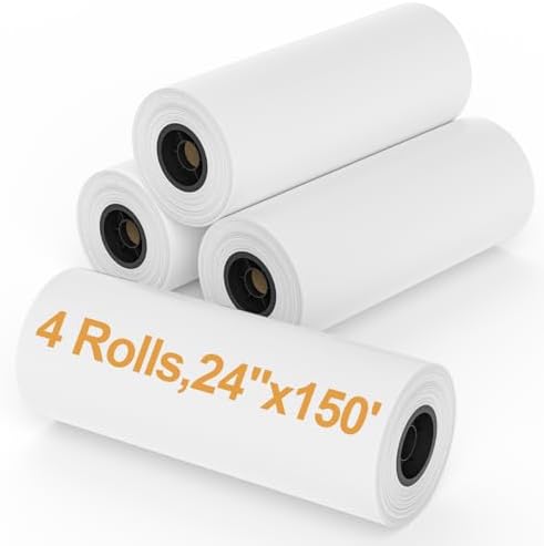 Wide Format Paper 24” x 150', 4 Rolls Plotter Paper 20lb, CAD Bond Rolls on 2" Core for CAD Drawings, Projects, Drawing, and Making Posters by MBLABEL