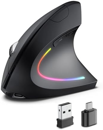 POJTK Ergonomic Wireless Rechargeable Mouse, Bluetooth+USB A+Type C(3 in 1) Connection, 5 Levels Up to 4800 DPI, 6 Silent Buttons, 2.4GHz Carpal Tunnel Vertical Mice, for Laptop, Desktop,MacBook-black by Unknown
