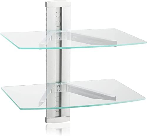 suptek 2 Tiers Glass Floating Shelves, Flat Black Wall Mount Bracket, AV Shelf, Media Shelf for DVD Player / PS4 / Cable Boxes/Game Consoles/Sky Box/TV Accessories, 17.6kg Load Capacity by suptek