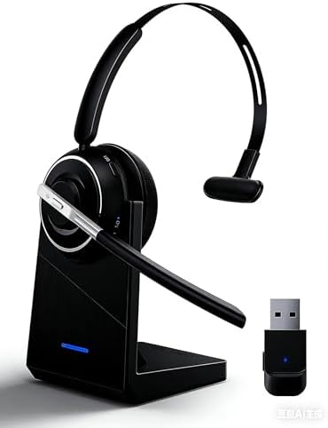 PrancyBt Wireless Headset, Bluetooth Headset with AI Noise Cancelling Mic, Bluetooth V5.2 Headphones with USB Dongle, Charging Base & Mic Mute for PC/Cell Phones/Call Center by PrancyBt