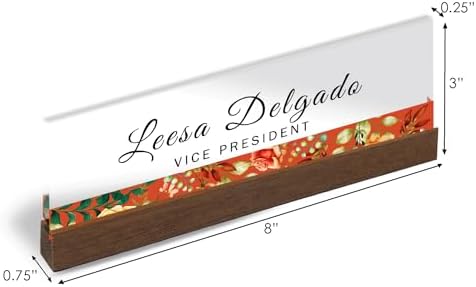 Artblox Personalized Office Desk Name Plate and Business Card Holder | Clear Acrylic Glass with Teak Wood Stand | Flower Stripe Design Customized with Your Name and Credentials Office Desk Décor - Image 3