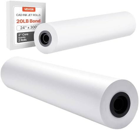 VEVOR Wide Format Paper, 24 in x 300 ft Plotter Roll, 2 Rolls CAD Bond Rolls with 2 in Core, 20 LB Bond Paper Rolls, Ideal for CAD Drawings, Engineering Plans, GIS Maps, and Architectural Designs by VEVOR