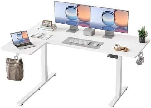 YIHAYO Reversiable L-Shaped Electric Standing Desk, 59 Inches Stand Up Corner Desk, Sit and Stand Up for Work Office Home, Ergonomic Rising Computer Table with Splice Board, White by YIHAYO