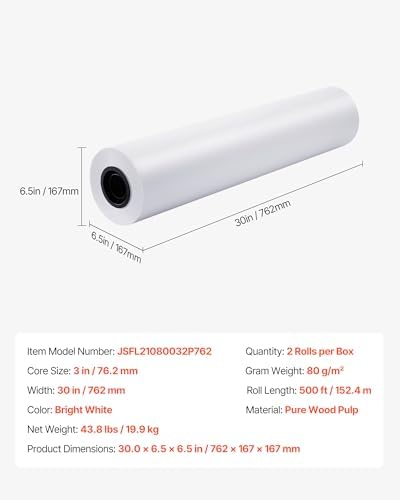 VEVOR Wide Format Paper, 30 in x 500 ft Plotter Roll, 2 Rolls CAD Bond Rolls with 3 in Core, 20 LB Bond Paper Rolls, Ideal for CAD Drawings, Engineering Plans, GIS Maps, and Architectural Designs - Image 7