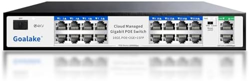 Goalake 16-Port Gigabit PoE+ Switch for Small Business, Easy Managed, 240W Built-in High-Power for IP Cameras/APs, 2 Gigabit Uplinks + 1 Combo SFP Slot, VLAN & 250m Extend, Plug & Play Rack-mountable by Goalake