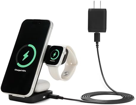Amazon Basics MagSafe Compatible 25W Fast Charging Qi2.2 Certified 3-in-1 Wireless Charging Station, Foldable Stand for iPhone 17/16/15/14/13/12, Apple Watch, AirPods, with 45W Adapter, Black by AmazonBasics