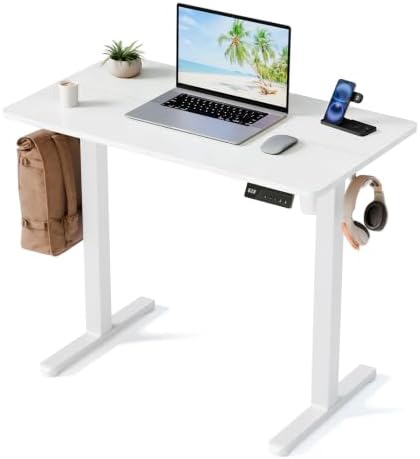 35" Electric Standing Desk, Small Sit Stand up Desk, White by YOLEZO
