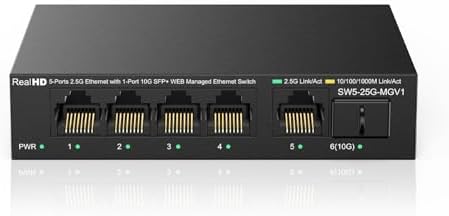5 Port 2.5GB Web Managed Ethernet Network Switch with Metal Casing, 1 x 10Gb SFP+ Port | 5 x 2.5 Gigabit | Multigig Switch 10-100-1000Mbps | 45G Bandwidth | Fanless Internet Switch by RealHD