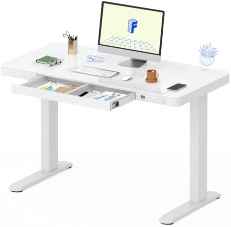 FLEXISPOT Comhar 48" Electric Glass Standing Desk with Drawers, USB Charging, Quick Assembly, Tempered Glass Top, Height Adjustable Sit Stand Desk for Modern Minimalist Home Office, White by Unknown