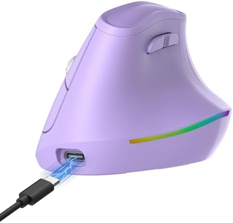 KYSONA 57° Wireless Ergonomic Mouse, Vertical Mouse, Carpal Tunnel Mouse, RGB Light, Rechargeable, Bluetooth & 2.4G, 5-level DPI Adjustment, Quiet Click Ergo Mice Compatible with PC/Laptop/Mac, Purple by KYSONA