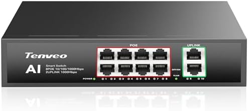 Tenveo 8 Port Full Gigabit PoE Switch, 8 PoE+ Ports @120W, 2*Uplink Port, Plug & Play, Support VLAN, Metal Case, High Stability, Easy Smart Managed Ethernet Switch, Ideal for Various Live Streaming by Tenveo