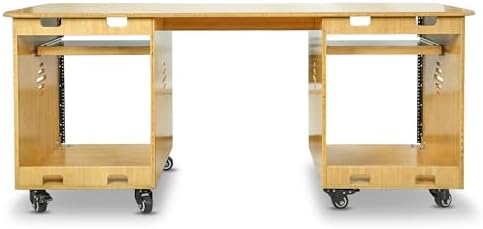 Sound Town Studio Desk Workstation with Dual 13U Side Rack Cabinets, Slide-Out Trays, Casters, for Recording Rooms and Home, Solid Carbonized Bamboo (SDRK-WS69CB) - Image 4