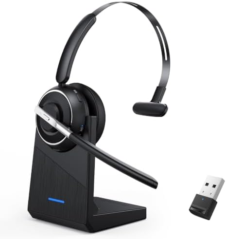 Bluetooth Headset, Wireless Headset with Microphone for PC, V5.2 Computer Headset with Noise Cancelling Mic, USB Dongle, Charging Base & Mute Button for Work, Cell Phones, Computer (Black) by PrancyBt