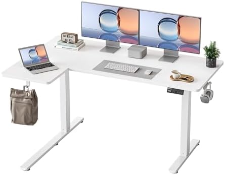YIHAYO Reversiable L-Shaped Electric Standing Desk, 55 Inches Adjustable Height Corner Desk, Sit and Stand Up for Work Office Home, Computer Table with Splice Board, White by YIHAYO