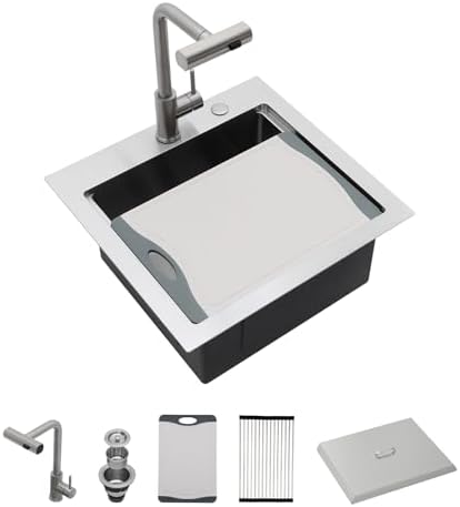 Sarlai Outdoor Sink - 21 x 20 Inch Drop In Workstation Kitchen Sink with Dust Lid and Faucet 16 Gauge Stainless Steel Single Bowl Bar Basin with Cutting Board BBQ Basin Outside by Sarlai