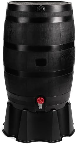 RTS Home Accents 50-Gallon ECO Rain Barrel Made with 100% Recycled Plastic, Flat Back Rain Water Collection Barrel, Stand Included, Black by RTSCompaniesInc