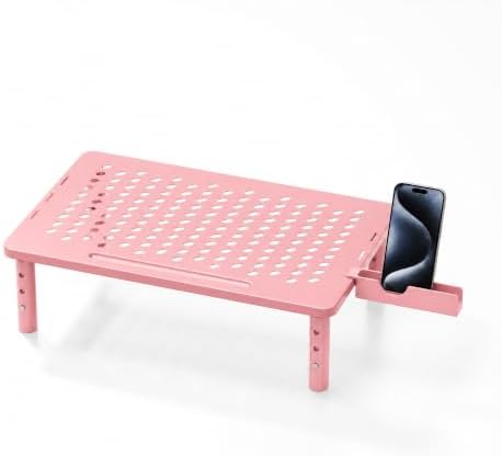 Computer Monitor Stand Riser for Desk, 3 Height Adjustable PC Laptop TV Desktop Monitor Stand Shelf, Metal Printer Table with Phone Holder, Stand Riser for Desk, Office Desk Organizers and Accessories, Pink 1 Pack by Canyora