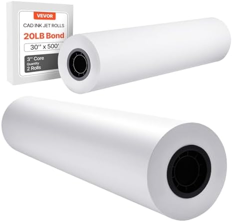 VEVOR Wide Format Paper, 30 in x 500 ft Plotter Roll, 2 Rolls CAD Bond Rolls with 3 in Core, 20 LB Bond Paper Rolls, Ideal for CAD Drawings, Engineering Plans, GIS Maps, and Architectural Designs by VEVOR