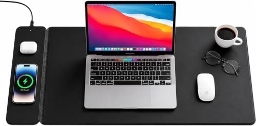 Wireless Charging Desk Mat & Mouse Pad with Detachable MagSafe/Qi Charger – Phone + Earbuds (up to 15W), XL Vegan Leather, Hidden Storage, Exact Size 30.7" x 14.6" by Unknown