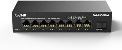 8 Port 2.5Gb Web Managed Ethernet Network Switch with 8 x 2.5 Gigabit | 1 x 10G SFP+ | Work with 10-100-1000Mbps Devices | 60G Bandwidth | Fanless Quiet Metal Internet Switch by RealHD