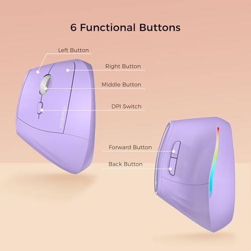 KYSONA 57° Wireless Ergonomic Mouse, Vertical Mouse, Carpal Tunnel Mouse, RGB Light, Rechargeable, Bluetooth & 2.4G, 5-level DPI Adjustment, Quiet Click Ergo Mice Compatible with PC/Laptop/Mac, Purple - Image 6