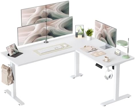 TIQLAB L Shaped Standing Desk Adjustable Height, Electric Corner Standing Desk, 63 x 55 inch Sit Stand Computer Table with Splice Board, White by TIQLAB