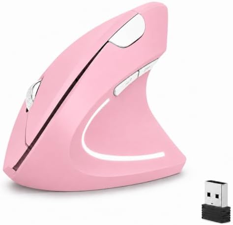 Ergonomic Vertical Wireless Mouse, 2.4G Optical Mouse with USB Receiver, 800-1600 DPI, Silent Click, Battery Powered, 5 Buttons, Stylish Comfortable Mouse for Laptop, PC, Mac, Computer (Pink) by tlkawzy
