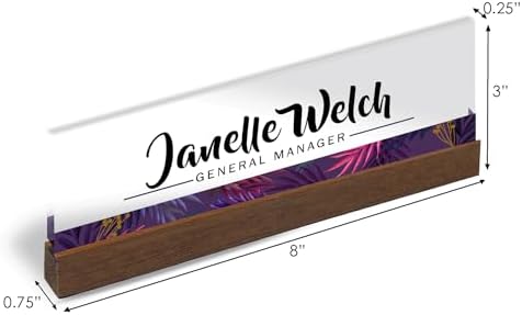 Artblox Personalized Office Desk Name Plate and Business Card Holder | Clear Acrylic Glass with Teak Wood Stand | Purple Stripe Design Customized with Your Name and Credentials Office Desk Décor - Image 2