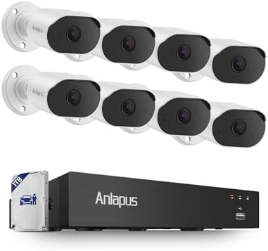 Anlapus 8CH 4K Security Camera System with Audio, 8pcs 8MP Wired CCTV Cameras Outdoor Indoor, AI Person/Vehicle Detection, Night Vision, H.265+ DVR with 1TB Hard Drive, 24/7 Recording, No Monthly Fee by Anlapus