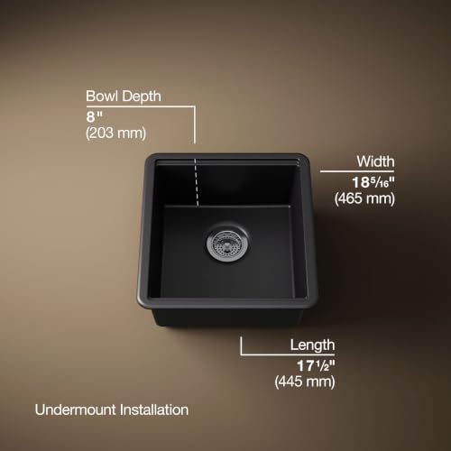 KOHLER Billings 18" Undermount Bar Sink, Single Bowl, Neoroc Composite, Matte Finish, Compact Prep Sink for Wet Bar or Kitchen Island, Matte Black, K-33711-CM1 - Image 3