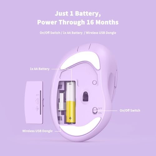 Ergonomic Wireless Mouse with USB Receiver for PC Computer, Laptop and Desktop, Ergo Mouse Vertical with Silent Clicks Long Battery Life, Up to 1600 DPI & 1 AA Battery Powered, Purple - Image 5