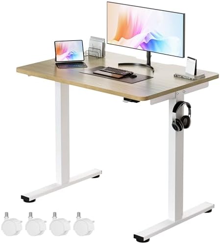 Okin Small Electric Standing Desk, 36" x 24" Whole Piece Height Adjustable Desk, Oak Sit to Stand Computer Workstation with Wheels for Home Office by Okin
