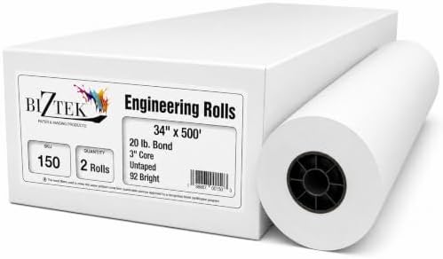 Wide Format Paper 34" x 500' Bond Engineering 20lb | 92 Bright | 2 Rolls | 3" Core by BIZTEK