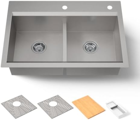 KOHLER 80085-2PC-NA Task™ 33" Smart Divide Top-/Undermount Double-Bowl Workstation Kitchen Sink, Includes Workstation Sink Accessories, Stainless Steel, 2 Faucet Holes by Unknown