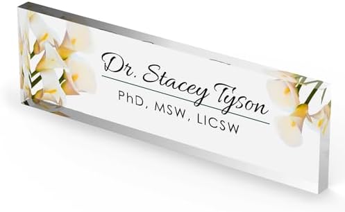 Artblox Personalized Office Desk Name Plate and Business Card Holder | Clear Acrylic Glass with Teak Wood Stand | Calla Flowers Design Customized with Your Name and Credentials Office Desk Decor - Image 5