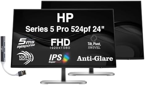 HP Series 5 Pro 524pf 24" FHD IPS Monitor with 5ms Response Time, 350nits Brightness,Anti-Glare, Flicker Free, 100 Hz Refresh Rate, Displayport, HDMI & Dockztorm USB Hub, Black/Silver 2Pack by MichaelElectronics2