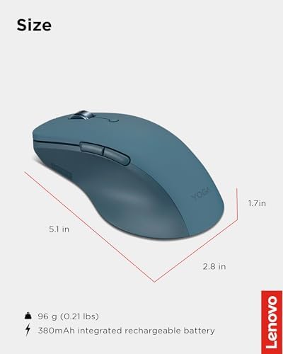 Lenovo Yoga Pro Mouse, Bluetooth, USB-C Rechargable, Dual Mode Bluetooth, 6 Button, Right Handed Design, Ergonomic Design, Programmable Buttons, 2-Way Metal Scroll Wheel, Tidal Teal - Image 6