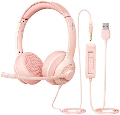 JIAMQISHI USB Headset with Microphone for PC, On-Ear Computer Laptop Headphones with Noise Cancelling Mic in-line Control for Home Office Online Class Zoom (USB+3.5mm, Pink) by JIAMQISHI