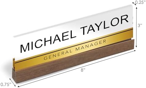 Artblox Personalized Office Desk Name Plate with Business Card Holder | Clear Acrylic Glass with Teak Wood Stand | Gold Stripe Design Customized with Your Name and Credentials Office Desk Décor - Image 3
