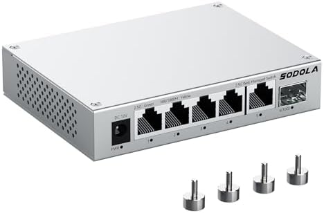 SODOLA 5 Port 2.5Gb Switch Managed, 5X 2.5G Base-T Ports, 1x 10G SFP+,Aluminum Alloy Cooling & Magnetic Mounting - LACP/QoS/VLAN/IGMP Web 2.5G Network Switch for Homelab by SODOLAPoENETWORKS