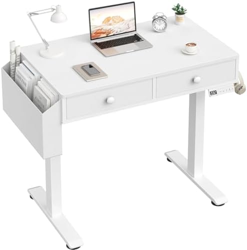 KLUVIS Small Electric Standing Desk with Drawers, 32 Inch, White by Unknown