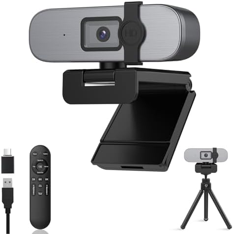 YQE 4K Webcam with Tripod, UHD Web Cam with Microphone, PDAF Autofocus Webcam with Remote Control, Privacy Cover, USB Type-A & A-to-C Adapter Computer Camera for Calling, Zoom/Teams/Facetime/Switch 2 by YQE