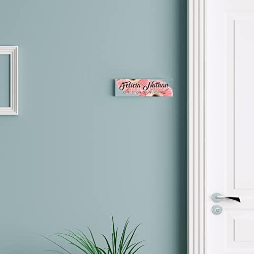 Artblox Personalized Office Desk Name Plate and Business Card Holder | Clear Acrylic Glass with Teak Wood Stand | Pink Daises Design Customized with Your Name and Credentials Office Desk Decor - Image 5