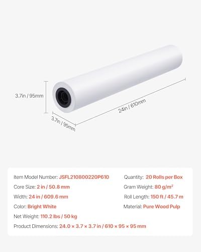 VEVOR Wide Format Paper, 24 in x 150 ft Plotter Roll, 20 Rolls CAD Bond Rolls with 2 in Core, 20 LB Bond Paper Rolls, Ideal for CAD Drawings, Engineering Plans, GIS Maps, and Architectural Designs - Image 7