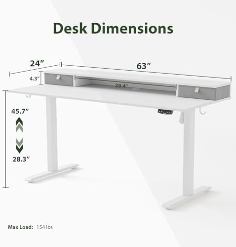 Agilestic 63 * 24 Inch Electric Standing Desk with Drawers, White - Image 3